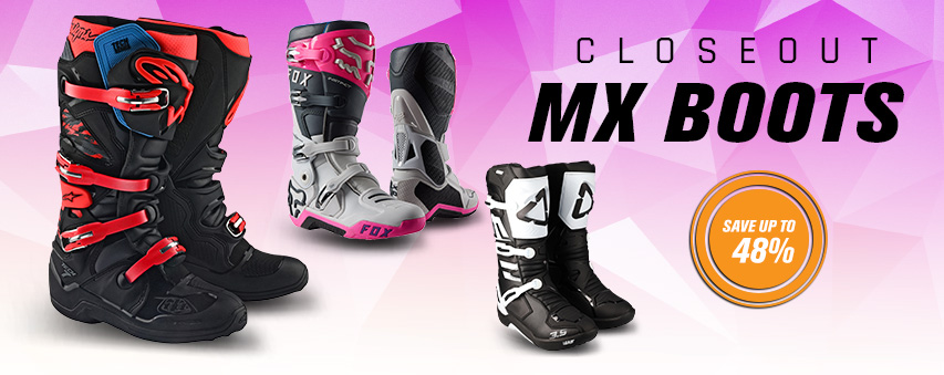 Closeout MX Boots, Save up to 48 percent, a Red/Black pair of Troy Lee Designs/Alpinestars Tech 7 Limited Edition Boots, a pair of Grey/Pink Fox Racing Instinct 2 point 0 Boots, and a pair of 2023 White Leatt 3 point 5 boots