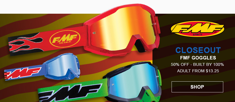 FMF Closeout Goggles - Built by 100% - youth from $11.25, adult from $16.25, shop button