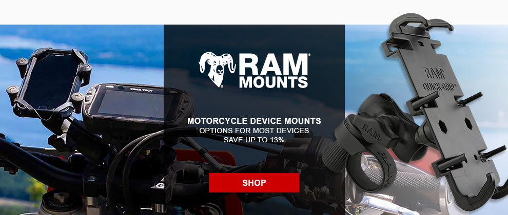 Ram mounts logo. Motorcycle device mounts. Options for most devices, save up to 13 percent. Link, shop. Single mount displayed over image of two devices mounted on handle bars. 