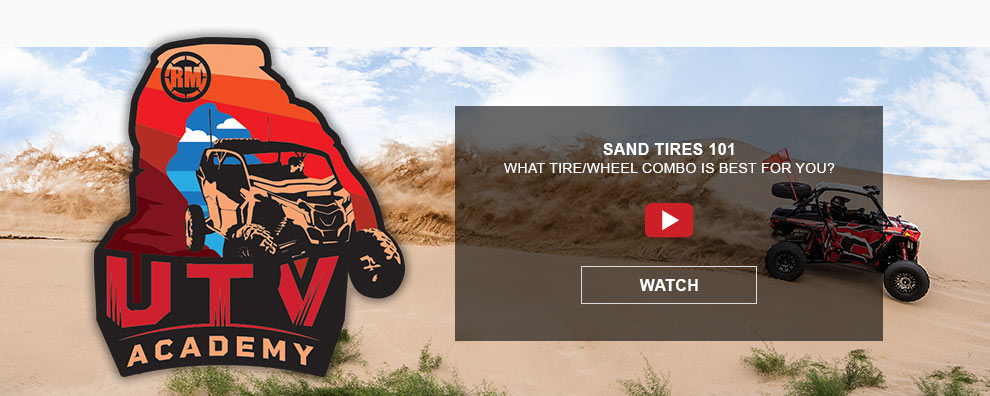 Sand tires 101, what tire/wheel combo is nest for you. Youtube play button. Link, watch. UTV academy logo with a UTV riding in the background. 