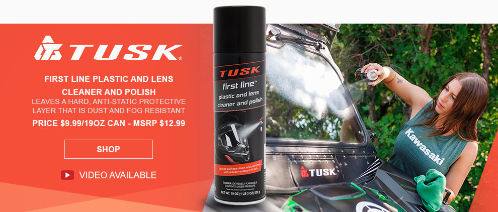 Tusk First Line Plastic and lens cleaner and polish, leaves a hard, anti-static protective layer that is dust and fog resistant, Price nine dollars and ninety nine cents per nineteen ounce can, MSRP twelve dollars and ninety nine cents, video available, SHOP