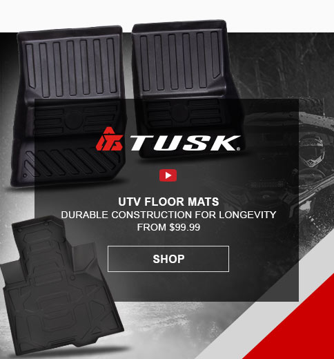 Tusk logo over youtube button. UTV floor mats. Durable construction for longevity. From 99 dollars and 99 cents. Link, shop. Three UTV floor mats displayed. 