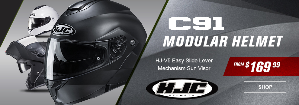 HJC Helmets, C91 Modular Helmet, From $169 and 99 cents, HJ-V5 easy slide lever mechanism sun visor, three helmets, a black helmet, a semi-flat black helmet with the faceshield up, and a white helmet, link, shop