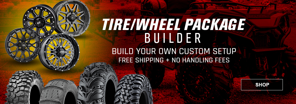 Tire/wheel package builder. Build your own custom setup, free shipping plus no handling fees. Link, shop. Multiple wheels displayed above multiple tire types. 