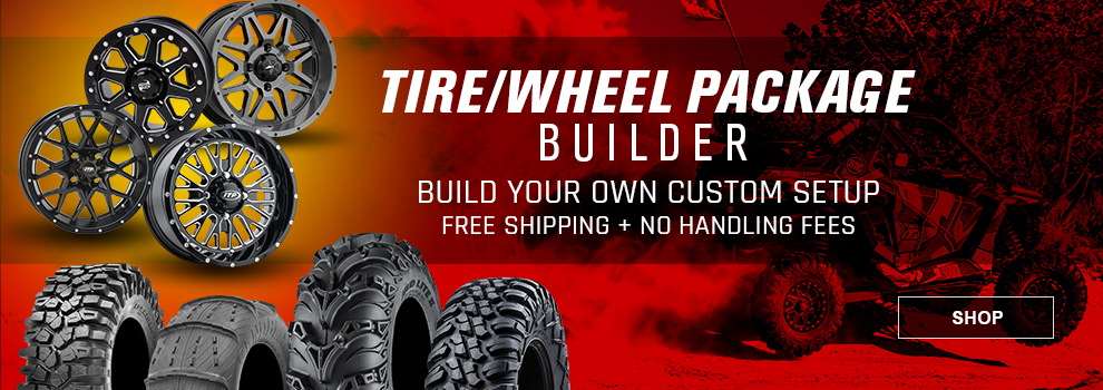 Tire/wheel package builder. Build your own custom setup, free shipping plus no handling fees. Link, shop. Multiple wheels displayed above multiple tire types. 