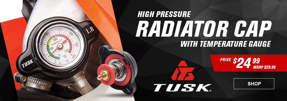 Tusk High Pressure Radiator Cap with Temperature Gauge, Price $24 and 99 cents, MSRP $29 and 99 cents, the radiator cap installed on a radiator along with a shot of the bottom of the cap, link, shop