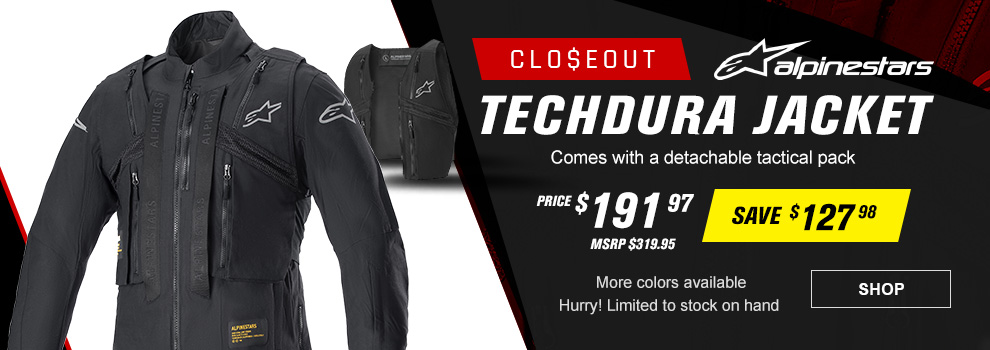 Closeout Alpinestars Techdura Jacket, Comes with detachable tactical pack, Price $191 and 97 cents, MSRP $319 and 95 cents, Save $127 and 98 cents, The Black jacket along with the tactical pack behind it, More colors available, Hurry! Limited to stock on hand, link, shop