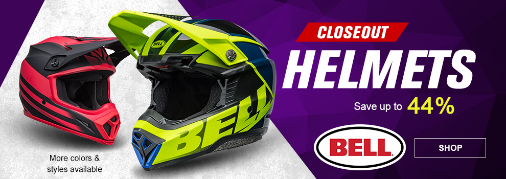 Bell, Closeout Helmets, Save up to 44 percent, The Moto-10 Spherical Sliced MIPS Helmet along with the red MX-9 Disrupt MIPS helmet, link, shop