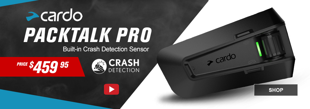 Cardo PackTalk Pro, Built-in Crash Detection Sensor, Price $459 and 95 cents, Video, the PackTalk Pro communication device, link, shop