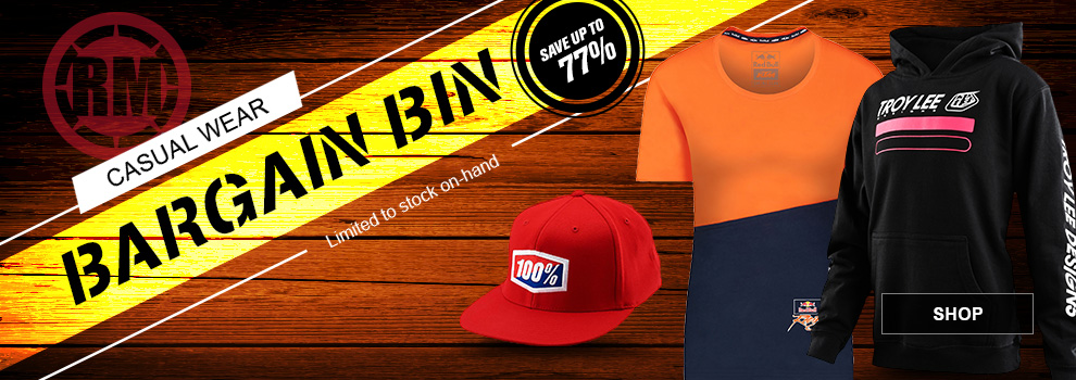 RM Casual Wear Bargain Bin, Save up to 77 percent, Limited to stock on hand, a red 100 percent hat, a womans KTM t-shirt and a youth Troy Lee Designs hoodie, link, shop