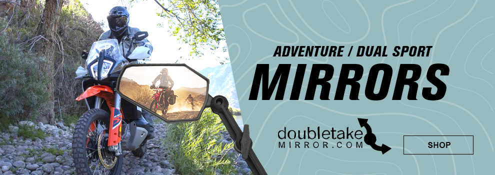 Double Take Mirror dot com, Adventure/Dual Sport Mirrors, an adventure mirror with the reflection of a few adventure riders in the back along with a shot of someone riding a KTM adventure bike with the mirrors down a rocky trail, link, shop