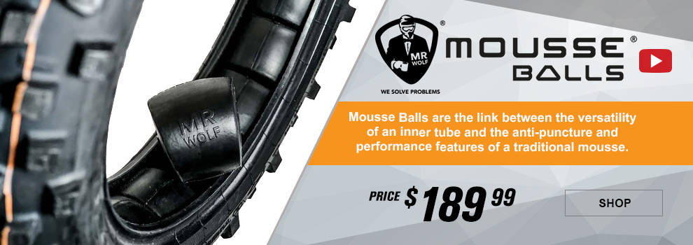 Mr Wolf Mousse Balls, Mousse Balls are the link between the versatility of an inner tube and the anti-puncture and performance features of a traditional Mousse, Price $189 and 99 cents, a tire with the Mousse Balls installed, video, link, shop