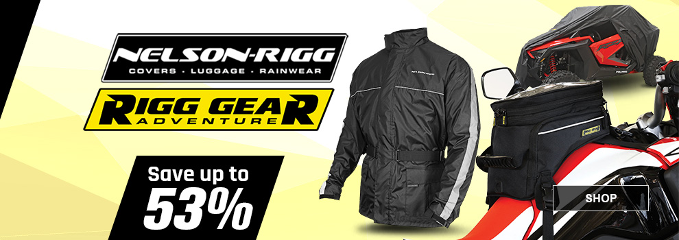 Nelson-Rigg, Covers, Luggage, Rainwear, Rigg Gear Adventure, Save up to 53 percent, a rain jacket, a tank bag installed on a motorcycle, and a UTV cover installed halfway on a red Polaris RZR, link, shop