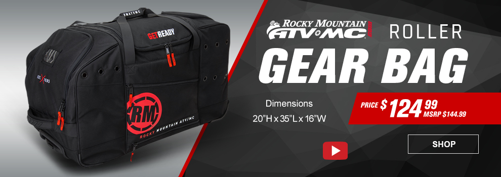 Rocky Mountain ATVMC Roller Gear Bag, Dimensions twenty inches high, thirty five inches long, sixteen inches wide, price one hundred and twenty four dollars and 99 cents, MSRP one hundred and fourty four dollars and ninety nine cents, SHOP