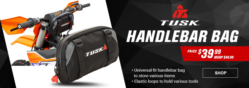 Tusk Handlebar Bag, Price thirty nine dollars and ninety nine cents, MSRP fourty nine dollars and ninety nine cents, Universal-fit handlebar bag to store various items, elastic loops to hold various tools, SHOP