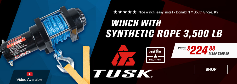 Tusk winch with synthetic rope thirty five hundred pounds, five stars, nice winch, easy to install, Donald N, South Shore, Kentucky, Tusk certified quality part, video available, SHOP