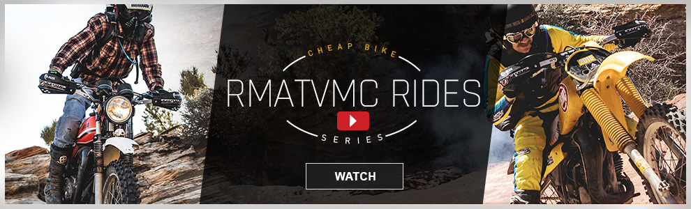 RMATVMC, Cheap Bike Series, Justin riding an old Yamaha dirt bike down a rock ledge and Wes riding an old Yamaha YZ125 up a rock wall