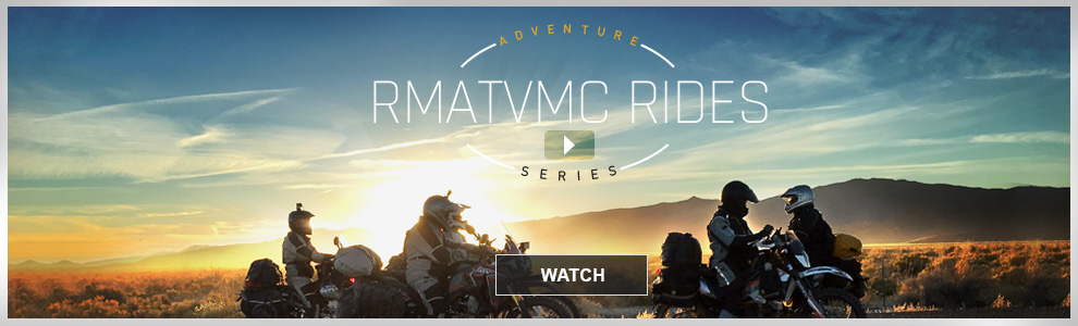 RMATVMC Rides, adventure series. Link, watch. Five riders stopped in front of a sunset. 